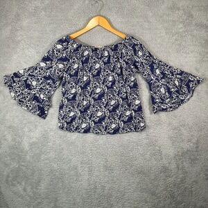 Solitaire Off-Shoulder Bell Sleeve Top Size M Navy‎ Paisley Print Boho Festival